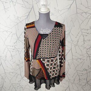 Bali Stretch Knit Patchwork Mixed Media Ruffle Hem Blouse